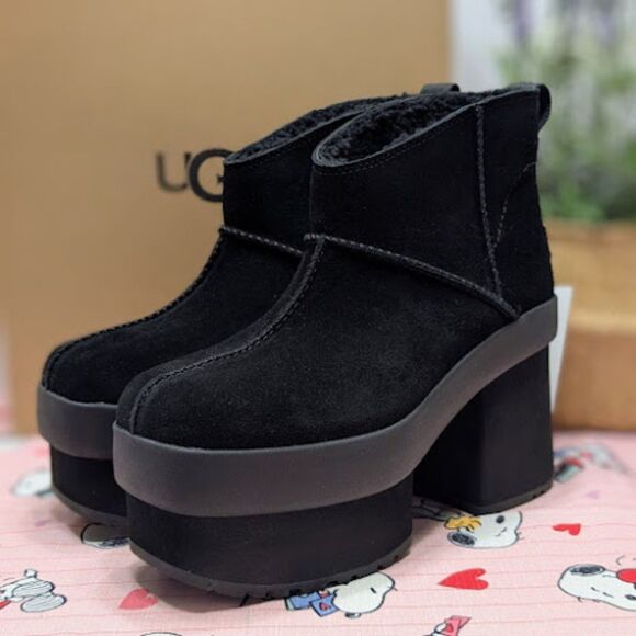 UGG Shoes - UGG Black Suede & Shearling New Heights Platform Mini Boots Women's Size 10 NIB